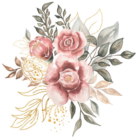 Greenery bouquet Clipart, Watercolor golden branch and red peony flower illustration, green Gray Foliage, Green leaves, petal, Florals, wedding invites, Logo designの写真素材