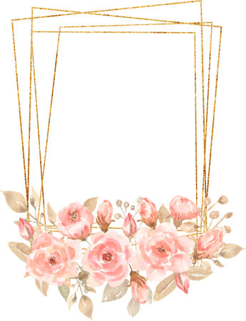 Watercolor Coral Florals and golden Frame Illustration, Pink Peony Flowers Arrangement, Delicate Peach bouquet, Boho wedding.の写真素材