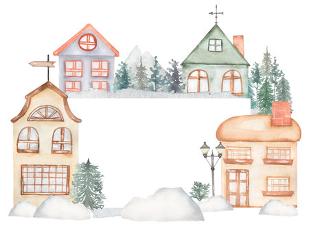 Winter House Wreath Illustration, Forest Frame Clipart, Watercolor Christmas Village, Fir tree, Snowy Town Wreath, Kids Holiday Card, Vintage Xmasの写真素材