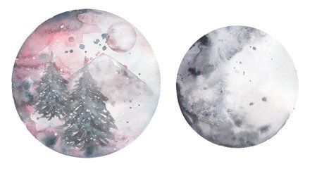 Forest Moon Illustration set, Watercolor Winter Crescent clipart, Celestial clip art, Galaxy poster, Wedding Invites, Logo designの写真素材