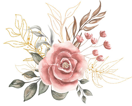 Greenery, golden florals and red peony bouquet illustration, Watercolor Eucalyptus clip art, Gray Foliage clipart, Green leaves, Florals wedding invites, Logo designの写真素材