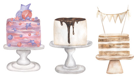 Watercolor cake clip art, birthday celebration cakes set illustration, bakery clipart, food element print, wedding invitation, card design, party objectsの写真素材