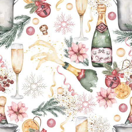Champagne celebration watercolor seamless pattern with confetti, Christmas decoration illustrationの写真素材