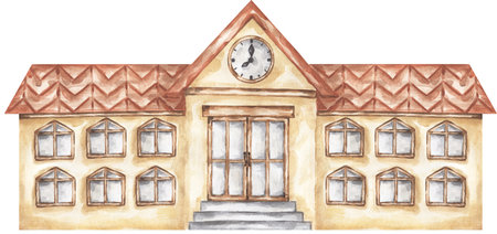 Watercolor hand painted school building illustration, city house clipart, administration establishment icon, graphic residence clip artの写真素材