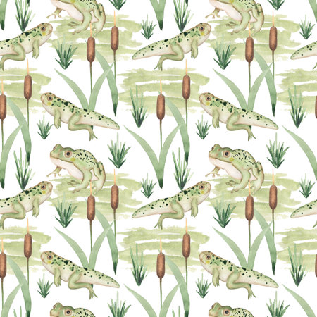 Watercolor frog animal seamless pattern, cute repeat paper, wild life printの写真素材