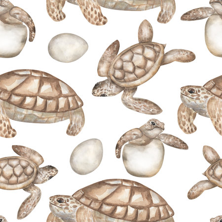 Watercolor hand painted Sea Animals Seamless Pattern, Turtle repeating pattern, ocean wild life backgroundの写真素材