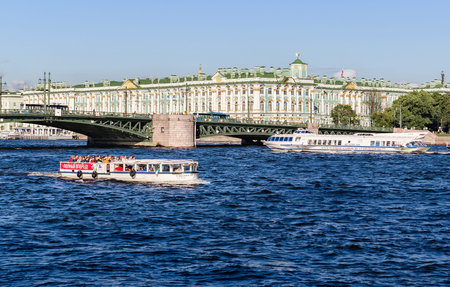View Winter Palace in Saint Petersburg from Neva river and boat. 16 july 2016. Saint-Peterburg.のeditorial素材