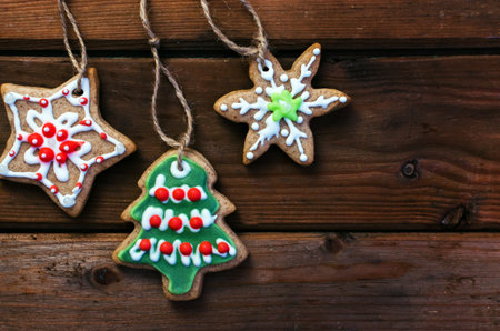 Homemade colorful gingerbread cookies on dark wooden background. Copy space