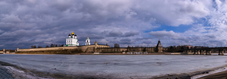 Kremlin in Pskov, Russia. Ancient fortress. Golden dome of Trinity Church. Spring time.の写真素材
