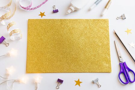 Gift idea, decor Ramadan kareem. Step by step. Top view. Process kid children craft. Workshop.の写真素材