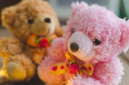 Two teddy bears, bigger and smaller, are sitting close to each other like they are best friends.の写真素材