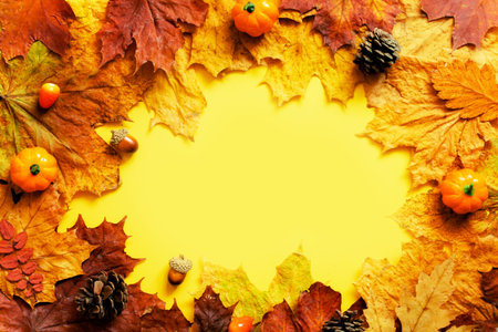 Colorful leaves on yellow frame with copy space. Halloween or thanksgiving background.