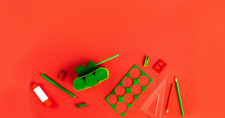 Military tank, decor February 23, May 9, Father Day. Handmade. Step by step. process kid crafts. Top view. Greeting card on day defender fatherland.の写真素材