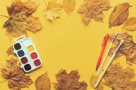 Colorful leaves frame on yellow background with copy space.の写真素材