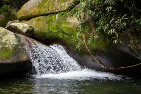 Waterfall Splashes Flowing From The Rocks. Jungle  Mountain River, Stones And Liana. Amazing Hiking...