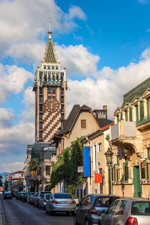 Piazza Clock Tower In Batumi. European Historical Buildings And Stone Pavement In The City Centre In Resort Town. Georgian Architecture Landmark. Tourist Place.の写真素材
