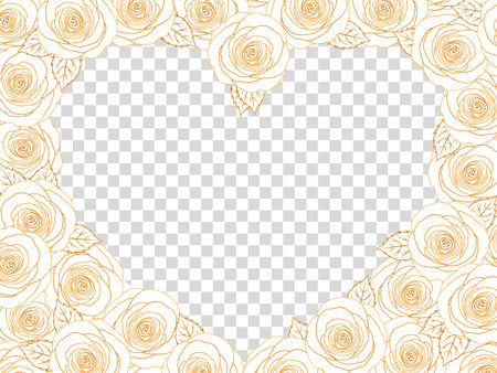 Gold Rose Heart Photo Frame. Floral Top View Flat Lay Picture Border. Elegant Golden Shiny Contour Lines Roses With Leaves, Transparent Background. Hand Drawn Love Greating Card. Wedding Gift.のイラスト素材