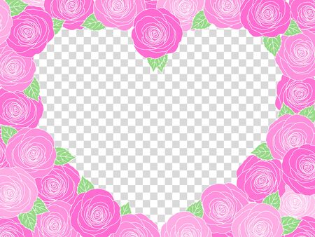 Spring Pink Rose Heart Photo Frame. Floral Top View Flat Lay Picture Border. Romantic Peony With Leaves, Transparent Background. Love Greating Anniversary Card. Wedding Gift.のイラスト素材