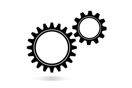 Machine Cogwheels, Black And White Vector Flat Icon. Two Gear Wheels, Cogs, Clockwork Round Details. Business Concept Element For Infographics Poster. Can Be Combined Into Mechanism By Changing Size.のイラスト素材