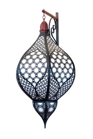 Old Oriental Decorative Lantern Isolated On White Background. Vintage Hanging Light With Black Ornamental Geometric Mosaic Pattern. Antique Islamic Furniture, Moroccan And Arabian Culture And Designの写真素材