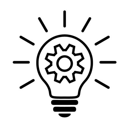 Light Bulb Linear Flat Icon. Lighting Electric Lamp With Cog Wheel (Gear) Inside And Rays, Simple Black Pictogram. Vector Graphic Design Element. Creative Idea Sign, Solution, Innovation Concept.のイラスト素材