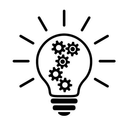 Light Bulb Linear Flat Icon. Lighting Electric Lamp With Cog And Gear Wheels Inside And Rays, Simple Black Pictogram. Vector Graphic Design Element. Creative Idea Sign, Solution, Innovation Concept.のイラスト素材