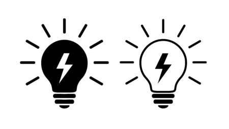 Two Light Bulb Flat Icons, Black And Linear. Lighting Electric Lamp With Lightning Inside And Rays, Simple Pictograms. Vector Graphic Design Elements Isolated On White Background. Low-Energy Concept.のイラスト素材