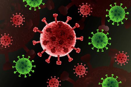 Coronavirus Disease COVID-19, Dangerous Respiratory Infection, SARS-CoV-2. Influenza Outbreak, Pathogen Flu Or Hiv Virus, Red Cancer Cells. Medical Epidemic, Health Risk Concept, Vector Background.のイラスト素材