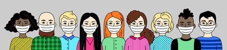 Group Of People Wearing Face Masks, Men And Women, Different Nations, Skin And Hair Colors. Respirators To Prevent Air Pollution, Disease, Flu. Sars-Covid-19 Pandemic. Vector Flat Illustration.のイラスト素材