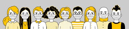 Group Of People Wearing Face Masks, Men And Women Different Nationalities. Respirators To Prevent Disease, Flu, Air Pollution. Sars-Covid-19 Pandemic. Black And Gold Vector Flat Illustration.のイラスト素材