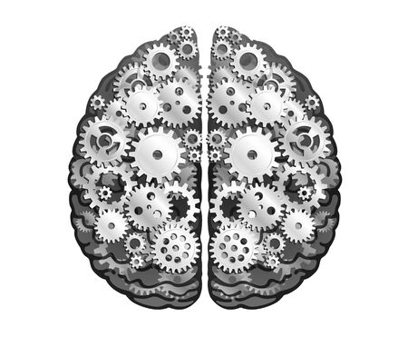 Vector Mechanical Human Brain. Silver Metal Cog Wheels And Gears. Cerebral Hemispheres, Convolutions Of The Mind Brain. Process Of Thinking And Finding Ideas. Creativity, Brainstorm Concept.のイラスト素材