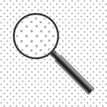 Vector Realistic Magnifier. Isolated Gray Metal Magnifying Glass Enlarging Dot Pattern. Loupe Tool With an Optical Lens, 3d Zoom Instrument. Scientific or Detective Research, Study, Discovery Concept.のイラスト素材