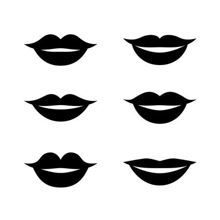 Black and white set of different male and female happy lips. Asian, European, African cartoon simple mouths, shape variations of smiles. Vector illustration, easy to use for drawing character.のイラスト素材