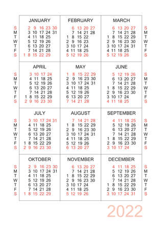 Vertical calendar for 2022 year. Simple calendar grid isolated on a white background, Sunday to Monday, business template. Yearly calendar ready for print. Vector illustration.のイラスト素材