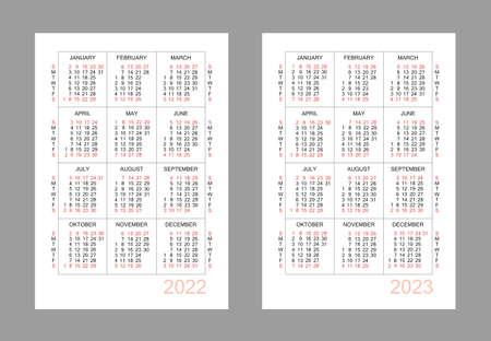 Vertical calendar for 2 years - 2022, 2023. Simple calendar grid isolated on a white background, Sunday to Monday, business template. Yearly calendar ready for print. Vector illustration.のイラスト素材