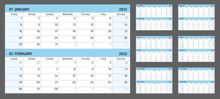 Horizontal calendar for 2023 years, 2 months on 1 page. Simple calendar grid isolated on a white background, Sunday to Monday, business template, ready for print. vector illustration.のイラスト素材