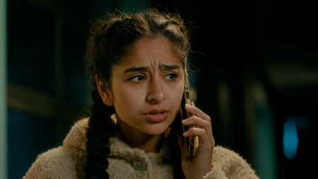Angry sad arabian woman young girl ethnic client student freelancer speak phone outdoor in evening city complain bad experience expressing negative emotion swearing quarreling distant by mobile gadgetの写真素材