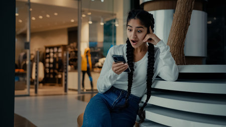 Winner arabian ethnic girl student businesswoman shopper purchasing online click on mobile phone win...