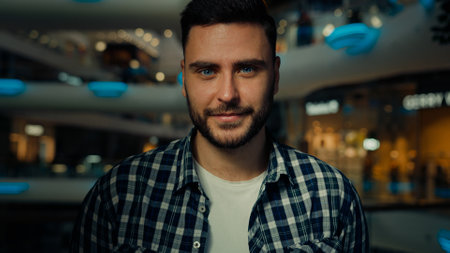 Joyful happy man bearded 30s guy successful businessman stylish shopper business owner posing in modern shopping center cheerful smiling positive smile close-up caucasian hispanic ethnic male portraitの写真素材