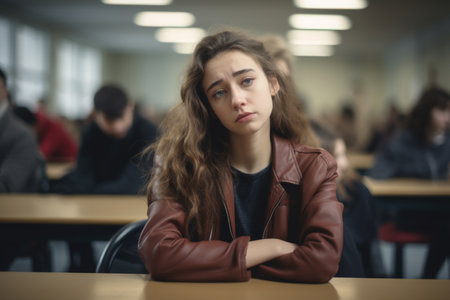 Female student bored sleepy Caucasian woman tired sad stressed girl in class teen pupil teenager lady in university high school college classroom during lesson boredom lecture education study learningの素材
