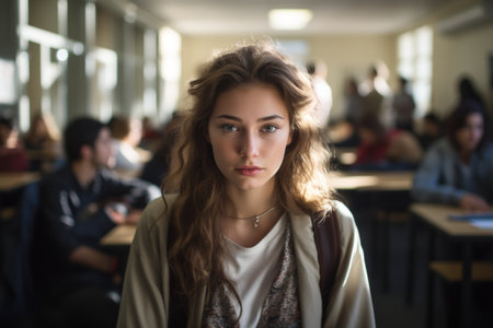 Female student young woman girl in class university high school college classroom after lesson lecture education studies study learning teen pupil knowledge looking at camera sad stressed lonely upsetの素材