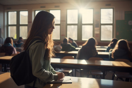 Female student young woman girl in class university high school college classroom on lecture education studies study learning teen pupil knowledge lonely with notebook and pen writing at table deskの素材