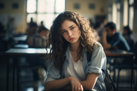 Female student bored sleepy Caucasian woman tired sad stressed girl in class teen pupil teenager lady in university high school college classroom during lesson boredom lecture education study learningの素材