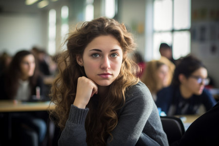 Female student young woman girl at table sit in class university high school college classroom during lesson lecture education studies study learning listening teacher professor teen pupil knowledgeの素材