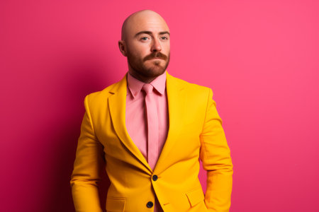 Confident handsome Caucasian stylish man professional guy male model in trendy yellow suit with mustache businessman CEO isolated against pink wall background backdrop style fashion business successの素材