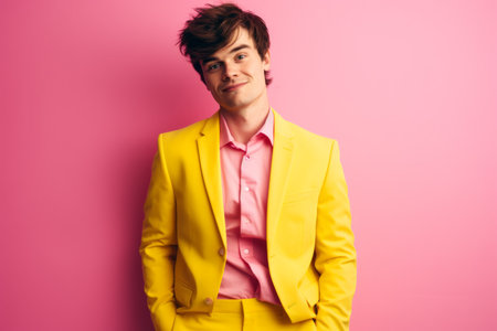 Confident handsome Caucasian stylish rich man professional guy male model in trendy yellow suit successful businessman CEO isolated against pink wall background backdrop style fashion business successの素材