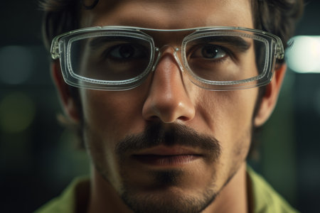 Focused worker man portret technological industrial complex factory production line workers face safety measures eyewear manufacturing mechanical scientific close-up employee enthusiasm concentrationの素材