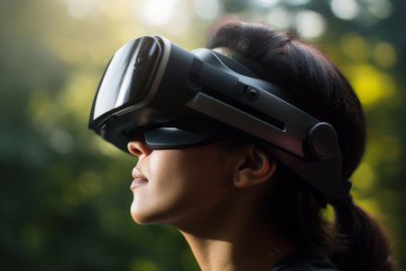 Woman girl student user computer technology female wearing VR headset virtual reality goggles exploration metaverse modern advanced tech future progress playing cyber game experience gaming outdoorsの素材