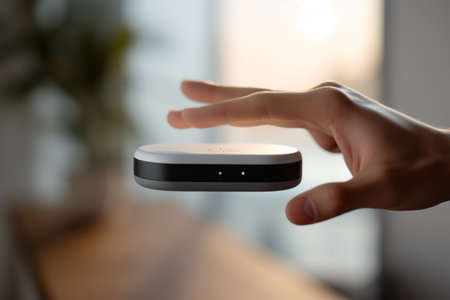 Close up female male hand touch modern smart home portable wireless device electronic house speaker assistant technological future technology AI artificial intelligence gadget interaction connectionの素材