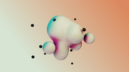 Liquid fluid dynamic abstract animated white metaball floating spheres blobs drops bubbles in transition deformation beige background with black little pearls 3d render for presentation business addsの写真素材